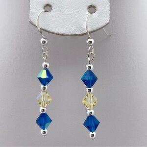 Made With Swarovski Crystal Blue & Clear Dangle Earrings Sterling Silver Hooks